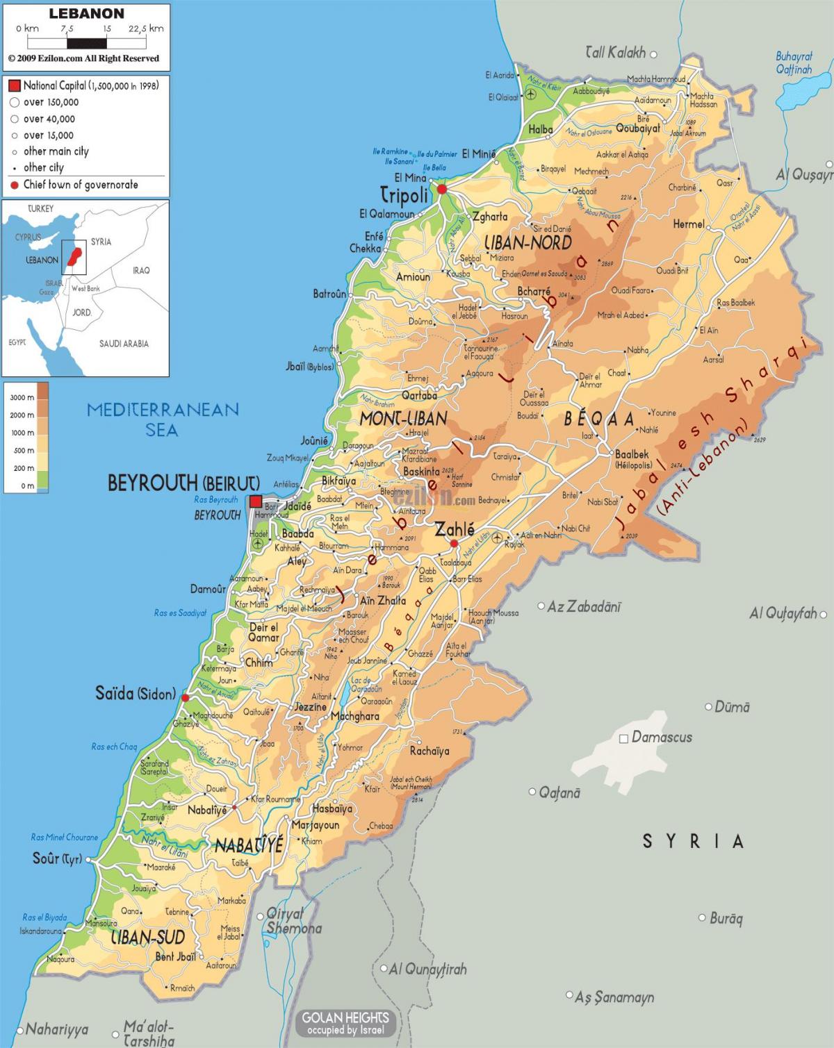 kaart van die Líbanon fisiese