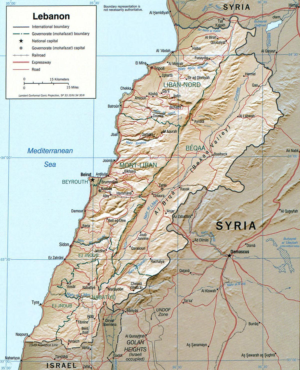 kaart van die Líbanon geografie