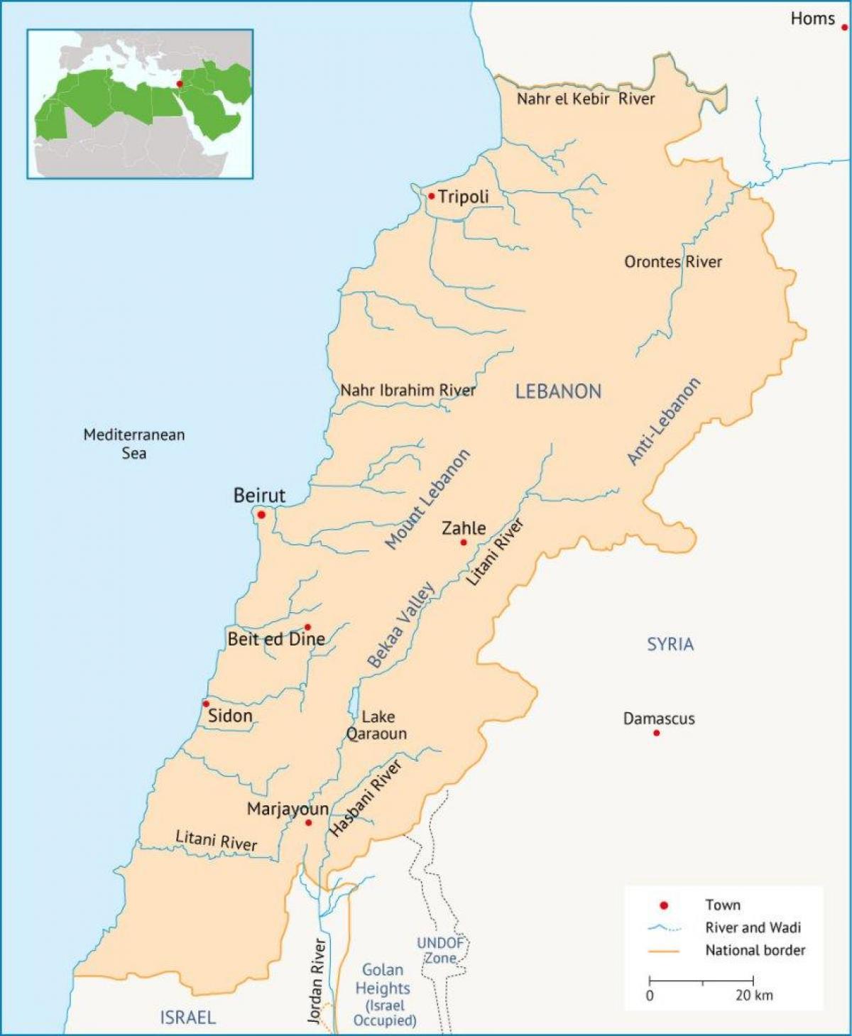 Libanon riviere kaart