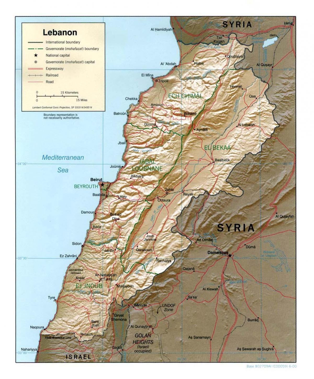 kaart van die Líbanon topografiese